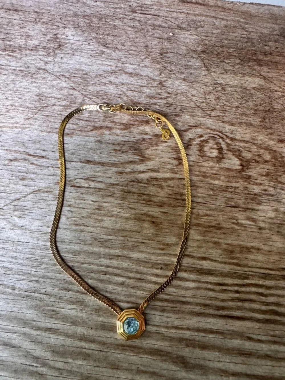Christian Dior Gold Tone Blue Crystal Necklace Octagon Pendant 15-17” Vintage