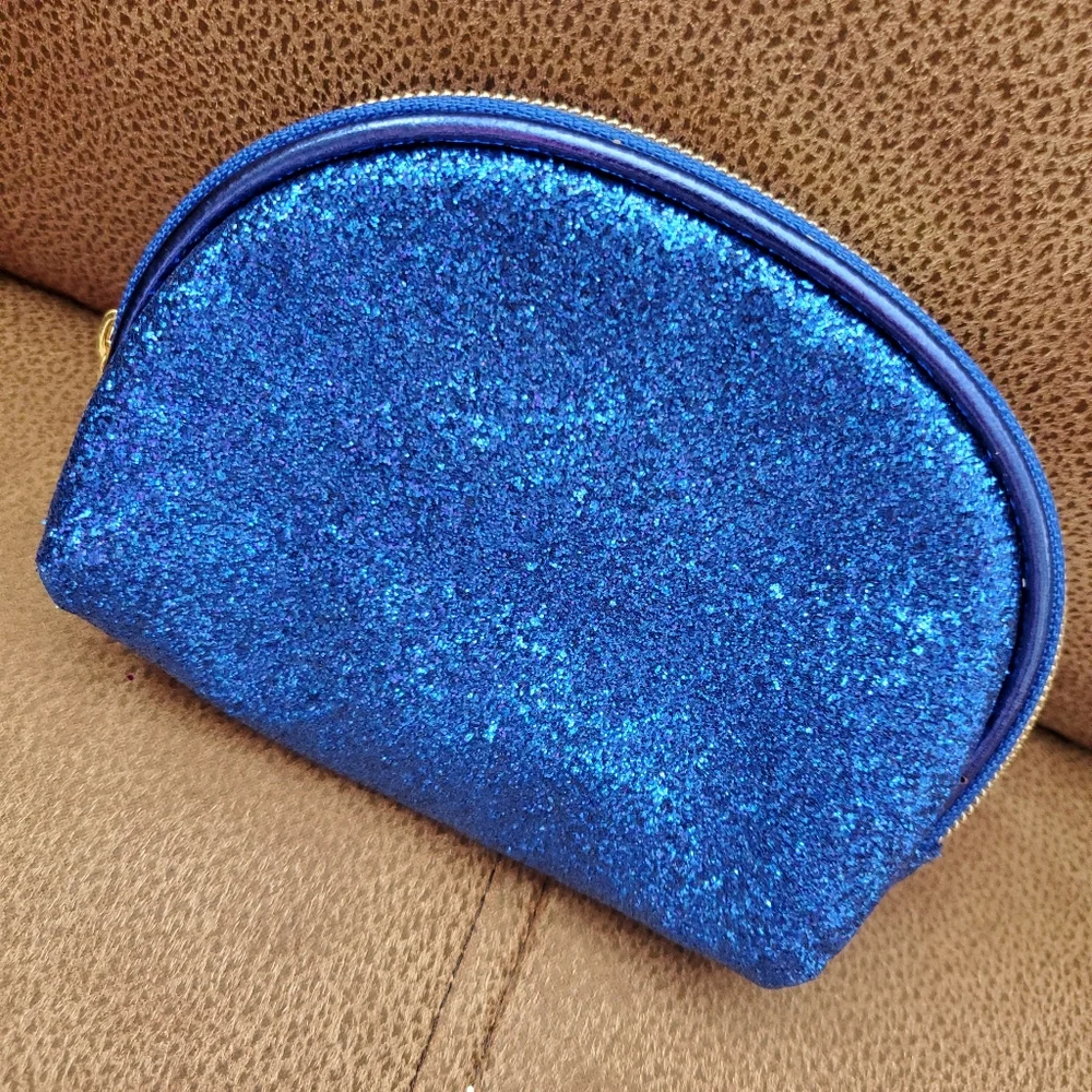 SeneGence blue glitter makeup bag with foundation samples